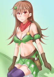  alternate_costume anti_(untea9) armband black_thighhighs breasts brown_eyes brown_gloves brown_hair cleavage closed_mouth commentary commentary_request cosplay female gloves gradient_background green_armband green_background green_skirt gun hair_ornament highres holster holstered kantai_collection large_breasts long_hair looking_at_viewer midriff miniskirt navel ooi_(kancolle) ootsubo_yuka partial_commentary red_scarf revolver scarf sheriff_badge sitting skirt solo star_(symbol) star_hair_ornament sweatdrop taiki_shuttle_(umamusume) taiki_shuttle_(umamusume)_(cosplay) thighhighs umamusume voice_actor_connection weapon 