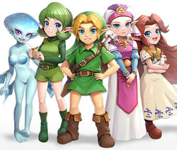  anthro arm_fins blonde_hair brown_hair clothed clothing ear_fins featureless_crotch female fin gonzarez1938 green_clothing green_hair green_shirt green_topwear green_tunic group hair hat headgear headwear hi_res humanoid humanoid_pointy_ears hylian kokiri leg_fins male malon marine nintendo not_furry nude ocarina_of_time pink_clothing princess_ruto princess_zelda saria shirt the_legend_of_zelda topwear tunic white_clothing young young_link young_zelda zora 