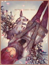  1boy animal aqua_eyes deer dress female flower from_above licorice_(pixiv_fantasia) merry_christmas nail_polish nishihara_isao own_hands_clasped own_hands_together pantyhose pixiv_fantasia pixiv_fantasia_sword_regalia pointy_ears red_hair red_nails scarf serini_(pixiv_fantasia) short_hair wool 