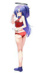  bare_shoulders basketball_jersey blue_archive blue_eyes blush bottle breasts female halo highres holding holding_bottle holding_towel ju-ok long_hair looking_at_viewer parted_bangs ponytail purple_hair shirt sleeveless solo sportswear standing sticker_on_face sweat thighs towel very_long_hair water_bottle yuuka_(blue_archive) 