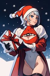  2b_(nier:automata) absurdres ai-generated blue_eyes breasts christmas clothing_cutout gift hat highleg highleg_leotard highres leotard mole nier:automata nier_(series) no_blindfold redpostit santa_hat short_hair solo stable_diffusion thong_leotard white_hair white_leotard 