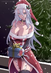  bare_shoulders black_choker black_thighhighs blue_eyes breasts choker christmas_tree cleavage collarbone commentary commission cowboy_shot dress female fingerless_gloves garter_straps gloves grey_hair hair_ornament highres holly holly_hair_ornament large_breasts long_hair long_sleeves looking_at_viewer off-shoulder_dress off_shoulder original red_dress red_gloves red_headwear smile solo standing thighhighs thighs very_long_hair vialnite 