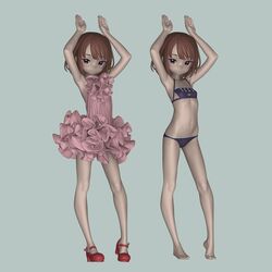  3d :o absurdres armpits arms_up asymmetrical_bangs bare_legs bare_shoulders barefoot bikini black_bikini blush brown_eyes brown_hair commentary_request dress female flat_chest frilled_dress frills full_body halterneck high_heels highres knees kuroboshi_kouhaku llenn_(sao) looking_at_viewer multiple_views navel pink_dress rabbit_pose red_footwear sayori_(neko_works) short_hair simple_background sleeveless sleeveless_dress smile standing stomach swimsuit sword_art_online sword_art_online_alternative:_gun_gale_online toes transparent_background 