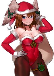  absurdres alternate_costume ass bad_id bad_pixiv_id bare_shoulders black-framed_eyewear black_choker black_gloves blue_eyes breast_tattoo breasts brown_hair choker christmas cleavage closed_mouth collarbone elbow_gloves eunie_(xenoblade) female fur-trimmed_gloves fur-trimmed_leotard fur_trim glasses gloves hand_on_own_hip hat head_wings highres leotard medium_breasts oniisan02b pantyhose red_gloves red_hat red_leotard santa_costume santa_gloves santa_hat smile solo strapless strapless_leotard tattoo thigh_strap white_background white_gloves white_wings wings xenoblade_chronicles_(series) xenoblade_chronicles_3 