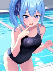  absurdres alternate_costume blue_eyes blue_hair blue_one-piece_swimsuit blurry blush breasts commentary covered_navel cowboy_shot depth_of_field fawny female highres hololive hoshimachi_suisei index_finger_raised leaning_forward long_hair looking_ahead one-piece_swimsuit open_mouth pool poolside side_ponytail small_breasts solo star_(symbol) star_in_eye swimsuit symbol_in_eye virtual_youtuber wet 