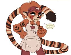  2023 anthro apron big_breasts breasts clothing daaberlicious dialogue felid female fur gesture hand_gesture handband mammal markings orange_body orange_fur pantherine pointing solo speech_bubble striped_markings stripes text tiger xin_yang_(mariiboops) 