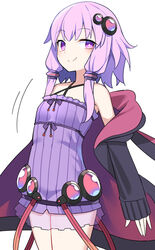  black_jacket blush bright_pupils closed_mouth cowboy_shot dress e.o. empire_waist female flat_chest hair_ornament halter_dress halterneck highres jacket long_sleeves looking_at_viewer purple_dress purple_eyes purple_hair short_hair_with_long_locks simple_background smile solo vocaloid voiceroid white_background white_pupils yuzuki_yukari 