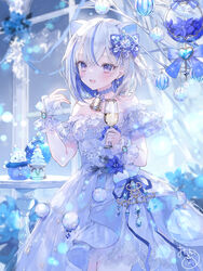  animal_ears bell blue_bow blue_dress blue_eyes blue_flower blue_hair blurry blurry_background bow breasts character_request commentary_request cup depth_of_field dress drink drinking_glass female flower grey_hair hairbow highres holding holding_cup indoors iriam looking_at_viewer multicolored_hair neck_bell off-shoulder_dress off_shoulder onineko signature small_breasts snow_globe solo streaked_hair virtual_youtuber window wrist_cuffs 