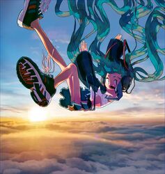  above_clouds alternate_footwear arms_up audio_cable black_skirt black_sleeves blue_eyes blue_hair blue_sky closed_mouth cloud cloudy_sky collared_shirt commentary cropped_shirt detached_sleeves doppelschwert falling female floating_hair from_side full_body hair_ornament hatsune_miku headset highres leg_up looking_at_viewer looking_to_the_side midair midriff panties pantyshot photo_background pleated_skirt shirt shoes short_eyebrows skirt sky sneakers solo striped_clothes striped_panties sun twintails underwear v-shaped_eyebrows vocaloid white_shirt wide_sleeves wind 