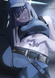  absurdres bare_shoulders baseball_cap black_hair black_hat black_shirt blue_archive blue_eyes blush breasts buckle cameltoe chest_harness commission crop_top female halo harness hat highres long_hair looking_at_viewer midriff navel open_mouth pants pixiv_commission saori_(blue_archive) shirt sleeveless sleeveless_shirt snap-fit_buckle solo spread_legs spread_navel stomach tama_(tamago) 