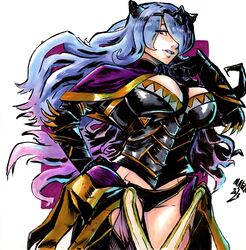  absurdres armor black_armor black_panties breasts camilla_(fire_emblem) cleavage cowboy_shot female fire_emblem fire_emblem_fates gloves hair_over_one_eye hand_on_own_hip highres hip_armor large_breasts lips long_hair looking_at_viewer maeca_art mature_female open_mouth panties pelvic_curtain purple_eyes purple_hair revealing_clothes signature simple_background solo tiara underwear wavy_hair 