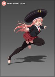  black_headwear black_jacket black_thighhighs breasts collared_shirt earrings english_commentary feet female full_body gina_(undead_unluck) gradient_background grey_background hair_between_eyes heart heart_earrings highres jacket jewelry jumping large_hat legs leozurcxxx long_hair long_sleeves looking_at_viewer miniskirt necktie no_shoes oerba_yun_fang open_mouth orange_eyes patreon_logo patreon_username pink_hair pleated_skirt red_necktie shadow shirt simple_background skirt small_breasts smile solo stirrup_legwear suit_jacket thighhighs toeless_legwear toenails toes undead_unluck very_long_hair white_shirt 