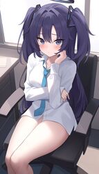  blue_archive blue_necktie blush closed_mouth collared_shirt commentary female halo highres indoors long_hair long_sleeves looking_at_viewer mechanical_halo necktie no_pants purple_eyes purple_hair shirt sitting solo swivel_chair two_side_up white_shirt yuuka_(blue_archive) zeatto 