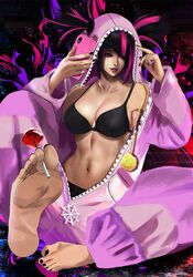  asymmetrical_bangs barefoot between_toes black_bra black_hair bra breasts candy cellphone cleavage cosplay feet female food foot_focus hair_through_hood highres hood hood_up juri_han kittymiya knee_up lollipop multicolored_hair nail_polish official_alternate_costume official_alternate_hairstyle onesie open_pajamas pajamas panties panty_peek parted_lips phone pink_pajamas purple_hair sitting smartphone smile soles solo streaked_hair street_fighter street_fighter_6 toenail_polish toenails toes toned underwear unzipped zipper zipper_pull_tab 