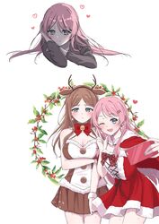  2girls ;d animal_ears antlers averting_eyes bang_dream! bang_dream!_it&#039;s_mygo!!!!! bell bite_mark blue_eyes blush bow breasts brown_dress brown_hair brown_shirt capelet chihaya_anon christmas christmas_wreath cleavage closed_mouth collarbone dress earrings fake_animal_ears hair_ornament hairband hairclip heart hickey highres holly horns jewelry jingle_bell large_breasts long_hair long_sleeves multiple_girls multiple_views nagasaki_soyo neck_bell one_eye_closed open_mouth pink_hair plaid plaid_bow ppora red_bow red_capelet red_dress reindeer_antlers selfie shirt simple_background smile taking_picture white_background wreath yuri 