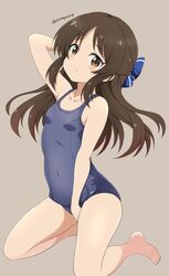  arm_behind_back barefoot between_legs blue_bow blue_one-piece_swimsuit bow brown_background brown_eyes brown_hair check_commentary collarbone commentary_request embarrassed female flat_chest hairbow hand_between_legs highres idolmaster idolmaster_cinderella_girls idolmaster_cinderella_girls_u149 kneeling legs light_blush long_hair looking_at_viewer one-piece_swimsuit puffy_cheeks school_swimsuit sidelocks solo swimsuit tachibana_arisu tamayan thighs twitter_username 