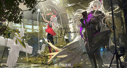  2girls absurdres animal_ears anti-materiel_rifle bodysuit bolt_action breasts bug butterfly charolic_(girls&#039;_frontline_2) cloak cross girls&#039;_frontline girls&#039;_frontline_2:_exilium grey_hair gun highres holding holding_gun holding_weapon long_hair multiple_girls nemesis_(girls&#039;_frontline_2) purple_eyes rabbit_ears red_eyes rifle sig_san_511 sniper_rifle standing vegetation weapon weibo_logo weibo_watermark xiang_tui_tui 