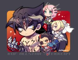  2boys 2girls :3 alisa_boskonovich artist_name bags_under_eyes black_hair blue_jacket border braid brown_eyes chains claws commentary_request copyright_name devil_jin dress elbow_gloves fingerless_gloves forehead_jewel frown gloves green_eyes grey_border grey_horns grey_pants horns hwoarang_(tekken) jacket kazama_jin kotorai looking_to_the_side multiple_boys multiple_girls nina_williams no_nose pants pectorals pink_hair red_footwear red_gloves shirt short_hair sitting tekken the_king_of_fighters_all-stars thick_eyebrows topless_male v-shaped_eyebrows veil white_dress white_gloves white_shirt yellow_eyes 