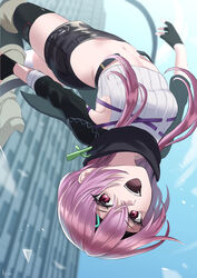  absurdres building crop_top day falling female fingerless_gloves gloves headband heaven_burns_red highres long_hair long_sleeves looking_at_viewer matsuoka_chiroru midriff navel nil_(pixiv_53614557) open_mouth outdoors pink_hair red_eyes scarf shirt shorts sky sleeveless sleeveless_shirt smile solo thighhighs 