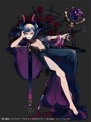  1boy alba_alfurira androgynous bare_legs barefoot black_cape black_collar black_robe blue_eyes blue_hair blue_lips cape collar cosplay dairoku_ryouhei demon_horns diagonal_bangs eyeshadow flower full_body gem gradient_hair head_rest holding holding_staff horns invisible_chair leaf lipstick long_hair looking_at_viewer makeup male_focus maleficent maleficent_(cosplay) multicolored_hair mystical_high_collar nail_polish natsumika outstretched_arm petals pink_hair pink_nails plunging_neckline purple_cape purple_eyeshadow purple_gemstone reclining red_flower red_rose robe rose side_slit sitting sleeping_beauty smile solo spinning_wheel staff themed_object toenail_polish toenails two-sided_cape two-sided_fabric 