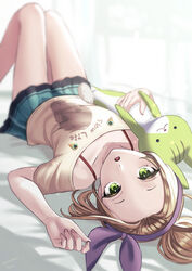  absurdres bow_hairband bra_strap brown_hair commentary english_text female green_eyes hairband hand_up heaven_burns_red highres holding holding_stuffed_toy knees_up long_hair looking_at_viewer lying nil_(pixiv_53614557) off-shoulder_shirt off_shoulder on_back on_bed ooshima_yotsuha open_mouth pleated_skirt ponytail print_shirt shirt short_sleeves skirt solo stuffed_animal stuffed_rabbit stuffed_toy sunlight 