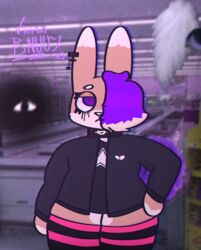  anthro brown_body choker dreamcore hair hi_res jewelry lagomorph leporid long_socks male mammal necklace purple_eyes purple_hair rabbit solo thick_thighs victini_(vic_blyat) victini_bnuuy 