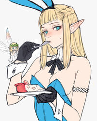  2girls animal_ears armband ban!_(bansankan) black_gloves black_ribbon blonde_hair blue_eyes breasts cake cake_slice detached_collar dress dungeon_meshi eating elf fairy fairy_(dungeon_meshi) fake_animal_ears food fork gloves head_wreath holding holding_fork holding_plate insect_wings long_hair medium_breasts multiple_girls nose pattadol plate playboy_bunny pointy_ears rabbit_ears ribbon simple_background white_background white_dress wings wrist_cuffs 