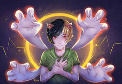  2019 4_fingers 5_fingers abstract_background animal_humanoid black_hair blonde_hair breasts cat_humanoid circle_background clothed clothing curled_fingers energy felid felid_humanoid feline feline_humanoid female fingers front_view glowing_arms grainy green_clothing green_shirt green_t-shirt green_topwear hair half-length_portrait hand_on_heart hi_res holding_chest holding_wrist humanoid inner_ear_fluff light_body light_skin looking_at_viewer magic mammal mammal_humanoid multi_arm multi_limb multicolored_hair orange_eyes orange_glow portrait reaching reaching_towards_viewer rizent shirt short_hair solo standing steam t-shirt tattoo topwear tribal tribal_tattoo tuft two_tone_hair 