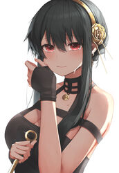  absurdres animal_ears bare_shoulders black_dress black_gloves black_hair breasts choppy_bangs cleavage commentary_request crying crying_with_eyes_open dagger dress earrings female fingerless_gloves gloves hair_between_eyes hairband highres jewelry knife large_breasts looking_at_viewer pendant pepushi_drow rabbit_ears short_hair_with_long_locks sidelocks simple_background sleeveless sleeveless_dress solo spy spy_x_family stiletto_(weapon) tears weapon white_background wiping_tears yellow_hairband yor_briar 