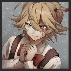  1boy blonde_hair blood blood_in_hair blood_on_face blue_background border bow crying fish_background funamusea green_border male_focus messy_hair oounabara_to_wadanohara otoko_no_ko own_hands_together polearm red_bow shirt short_hair solo spear tears teeth tsuribari_(funamusea) vmein_46 weapon white_shirt yellow_eyes 