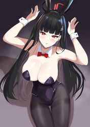  alternate_costume animal_ears black_hair black_halo black_leotard black_pantyhose blue_archive blush breasts bright_pupils choker cleavage collar detached_collar fake_animal_ears female hair_ornament hairclip halo highres large_breasts leotard long_hair looking_at_viewer mario_(mario_portal) pantyhose playboy_bunny rabbit_ears red_eyes red_halo rio_(blue_archive) solo strapless strapless_leotard white_collar white_pupils white_wrist_cuffs wrist_cuffs 