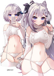  absurdres alternate_costume blue_eyes bob_cut breasts cellphone cone_hair_bun detached_sleeves female grey_garter_straps grey_hair grey_panties grey_sleeves grey_sweater grey_thighhighs hair_bun highres holding holding_phone hololive hololive_indonesia long_hair looking_at_viewer medium_breasts meme_attire multiple_views navel panties phone rokusketch short_hair smartphone sweater thighhighs underwear vestia_zeta virgin_destroyer_sweater virtual_youtuber 