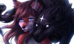  2023 ambiguous_gender anthro black_body black_fur black_nose blue_eyes bodily_fluids brown_hair brown_nose canid canine canis cheek_to_cheek cheek_tuft crying dipstick_ears duo ear_markings empty_eyes facial_markings facial_tuft feral flowing_hair forehead_markings fox front_view fur hair head_markings inner_ear_fluff long_hair mammal markings multicolored_ears nuzzling orange_body orange_fur pupils rizent sad simple_background slit_pupils tears tuft white_background white_body white_eyes white_fur wolf 