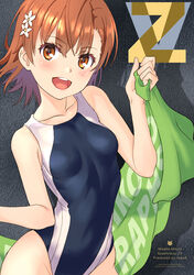  :d artist_name bare_shoulders black_one-piece_swimsuit blush breasts brown_eyes brown_hair collarbone competition_school_swimsuit competition_swimsuit cowboy_shot female flower hair_between_eyes hair_flower hair_ornament highleg highleg_swimsuit holding holding_towel long_hair looking_at_viewer medium_hair misaka_mikoto one-piece_swimsuit open_mouth raika9 school_swimsuit school_uniform small_breasts smile solo standing swimsuit toaru_kagaku_no_railgun toaru_majutsu_no_index tokiwadai_school_swimsuit towel white_flower 