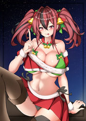  :p absurdres alternate_costume arm_support azur_lane bare_shoulders bell bikini black_bikini black_hair blush border breasts bremerton_(azur_lane) brown_thighhighs christmas cleavage closed_mouth collarbone commentary crop_top crop_top_overhang female green_bikini green_ribbons hair_bell hair_between_eyes hair_intakes hair_ornament hair_ribbon highres index_finger_raised jingle_bell knee_up large_breasts long_hair looking_at_viewer mismatched_bikini multicolored_hair navel no_mole off-shoulder_shirt off_shoulder okine_(okine691) pink_eyes pink_hair pleated_skirt red_ribbon red_shirt red_skirt ribbon santa_bikini shirt short_sleeves side-tie_bikini_bottom sidelocks sitting skirt smile solo starry_background stomach streaked_hair swimsuit thighhighs tongue tongue_out twintails two-tone_hair wrist_cuffs zettai_ryouiki 