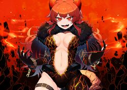  absurdres black_choker breasts choker dola_(1st_costume)_(nijisanji) dola_(nijisanji) fangs female fur_trim hatyuuruinohito highres horns large_breasts leotard long_hair nijisanji open_mouth red_eyes red_hair red_horns single_leg_bodysuit skin_fangs smile solo thigh_strap virtual_youtuber 