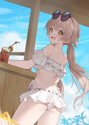  absurdres bikini bikini_skirt blue_archive blush commentary_request cowboy_shot day eyewear_on_head female frilled_bikini frills from_behind hifumi_(blue_archive) hifumi_(swimsuit)_(blue_archive) highres jiusan_naitang light_brown_hair long_hair looking_at_viewer looking_to_the_side off-shoulder_bikini off_shoulder official_alternate_costume open_mouth outdoors ponytail solo sunglasses sweat swimsuit white_bikini yellow_eyes 