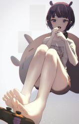  absurdres animal_ears barefoot black_hair black_shorts blue_eyes chingo_(pixiv8584617) commentary controller feet female foot_focus game_controller hands_up highres hololive hololive_english legs mole mole_under_eye multicolored_hair ninomae_ina&#039;nis ninomae_ina&#039;nis_(loungewear) official_alternate_costume open_mouth pink_hair pointy_ears shirt short_hair shorts single_bare_shoulder sitting soles solo streaked_hair takodachi_(ninomae_ina&#039;nis) virtual_youtuber white_shirt 