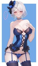  ... absurdres bare_arms bare_shoulders black_bow blue_background blue_bustier blue_choker blue_flower blue_nails blue_panties blue_rose blue_thighhighs border bow breasts bustier choker closed_mouth collarbone cowboy_shot earrings eoe female floralmi flower garter_straps grey_hair hand_up hat hat_bow hat_flower highres jewelry kaomoji lace lace-trimmed_thighhighs lace-up_top lace_choker large_breasts looking_at_viewer mini_hat navel outside_border panties purple_eyes rose short_hair side-tie_panties solo spoken_ellipsis star_(symbol) star_earrings strapless thighhighs tilted_headwear underwear virtual_youtuber white_border you&#039;en_(eoe) 