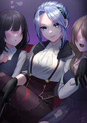  3girls absurdres ascot black_hair blue_eyes blue_hair blush brown_hair collared_shirt crossed_legs faceless faceless_female falling_petals gloves hanamura_shiki hand_on_own_chest hand_on_own_leg heaven_burns_red highres jacket jacket_on_shoulders long_hair looking_at_viewer multiple_girls nil_(pixiv_53614557) open_mouth parted_bangs petals shirt shirt_tucked_in sitting skirt smile suspenders 