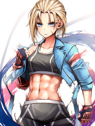  abs bad_id bad_pixiv_id black_gloves black_sports_bra blonde_hair blue_eyes blue_jacket cammy_white clenched_hand clenched_teeth commentary_request crop_top cropped_jacket female forehead gloves hair_slicked_back jacket pants pepushi_drow scar scar_on_face sleeves_rolled_up sports_bra street_fighter street_fighter_6 sweatpants teeth toned yoga_pants 