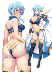  armor ass ass_visible_through_thighs asymmetrical_clothes bikini bikini_armor black_footwear blue_armor blue_eyes blue_hair boots breasts cleavage commentary_request female gloves hair_tubes highleg highleg_bikini highres hip_armor kawase_seiki large_breasts linea_alba looking_at_viewer multiple_views navel short_hair short_hair_with_long_locks shoulder_armor showgirl_skirt single_shoulder_pad single_sleeve sinon sinon_(solus) sweat swimsuit sword_art_online sword_art_online:_alicization sword_art_online:_alicization_-_war_of_underworld thigh_boots white_background 