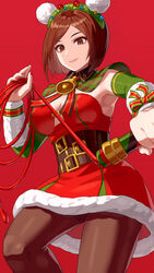  bell belt bracelet breasts brown_hair christmas cleavage commentary dress female fur-trimmed_dress fur_trim hair_ornament hairband highres holding holding_whip jewelry large_breasts looking_at_viewer md5_mismatch merry_christmas neck_bell official_alternate_costume red_dress santa_dress short_hair smile snk solo the_king_of_fighters the_king_of_fighters_all-stars thighhighs whip whip_(kof) yagi2013 