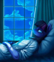  anthro anthrofied bed clothing cloud curtains curtains_open dreamcore equid equine female fingers friendship_is_magic furniture hasbro hi_res horn horse lidded_eyes lying mammal my_little_pony mythological_creature mythological_equine mythology on_back pillow pony sky skyscape solo suhar twilight_sparkle_(mlp) unicorn window 