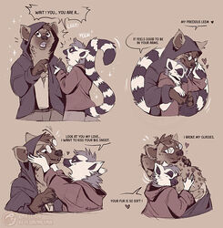  anthro broken_glasses clothed clothing duo english_text eyewear eyewear_on_head fully_clothed furgonomic_headwear furgonomic_hood furgonomics glasses glasses_on_head heart_symbol holding_head hoodie hyena imminent_kiss male male/male mammal mrlemur_arts multiple_poses pose procyonid romantic romantic_couple text topwear were werehyena wereprocyonid wereraccoon 