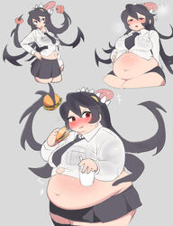  absurdres arm_at_side arm_behind_back black_hair blush breasts burger commentary_request cropped_legs dot_nose drink drooling extra_mouth fat female filia_(skullgirls) food grey_background hair_between_eyes hand_on_own_stomach highres holding holding_burger holding_drink holding_food large_breasts living_hair long_hair long_sleeves long_tongue looking_at_viewer looking_to_the_side multiple_views navel necktie nimo_(b45ui) open_mouth parted_lips patting_belly pleated_skirt pocket prehensile_hair puff_of_air red_eyes shirt simple_background skirt skullgirls sweat thick_thighs thighs tongue tongue_out weight_gain white_shirt wing_collar 