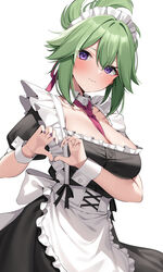  absurdres black_dress breasts cleavage dress female genshin_impact green_hair hair_between_eyes high_ponytail highres kuki_shinobu long_hair looking_at_viewer medium_breasts purple_eyes sidelocks solo suiroh_(shideoukami) 