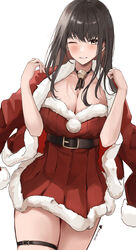  absurdres alternate_costume belt black_belt black_hair blush breasts cleavage commentary cowboy_shot diesel_(nikke) elvandec english_commentary female goddess_of_victory:_nikke grey_eyes hands_up highres large_breasts looking_at_viewer one_eye_closed parted_lips santa_costume simple_background smile solo teeth thigh_strap thighs white_background 