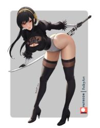  2b_(nier:automata) 2b_(nier:automata)_(cosplay) artist_name bent_over black_dress black_gloves black_hair boots border breasts cleavage cleavage_cutout closed_mouth clothing_cutout cosplay covered_navel dress drop_earrings earrings feather-trimmed_sleeves feikyart female full_body gloves grey_background hair_bun high_heel_boots high_heels highleg highleg_leotard highres holding holding_sword holding_weapon jewelry juliet_sleeves katana large_breasts leotard long_hair long_sleeves looking_at_viewer nier:automata nier_(series) no_blindfold outside_border patreon_username puffy_sleeves red_eyes sidelocks solo spy_x_family standing sword thigh_boots thong thong_leotard weapon white_border yor_briar 