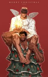  2023 2boys angel angel_wings arm_hair armpit_hair bad_id bad_twitter_id bara beard beard_stubble blush carrying character_request chest_hair christmas_tree_costume couple dark-skinned_male dark_skin dobek_k facial_hair feathered_wings foot_hair full_body hairy halo happy highres knuckle_hair large_hands large_pectorals leg_hair male_focus mature_male merry_christmas multiple_boys muscular muscular_male pectoral_cleavage pectorals sam_(dobek_k) scar scp_foundation short_hair shoulder_carry sparkling_aura stubble thick_eyebrows tsurime upper_body white_wings wings yaoi 